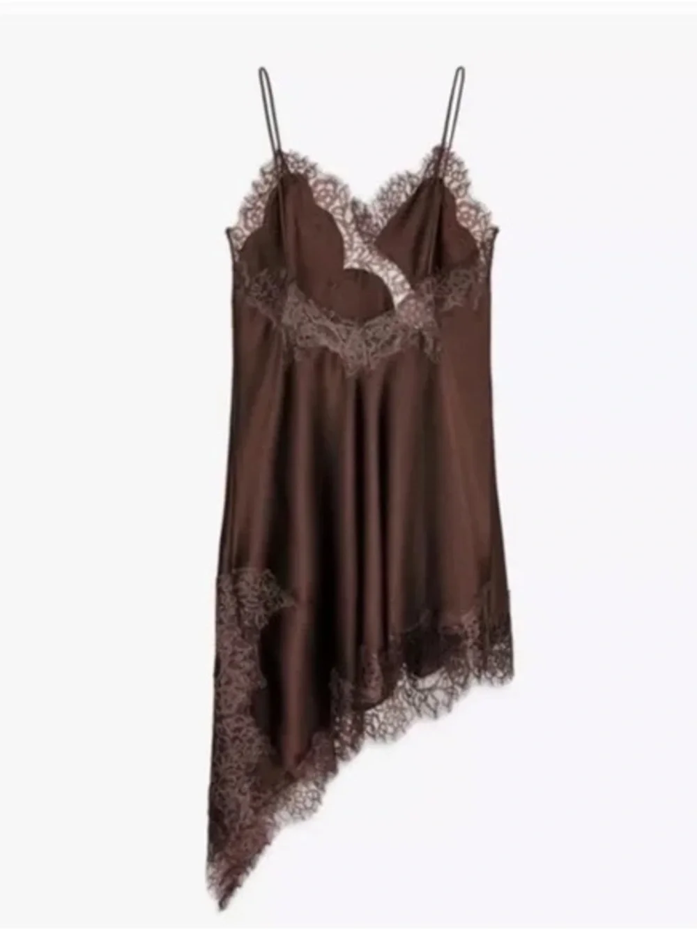 ZARA Satin Effect Chocolate Brown Lace Trim Asymmetric Slip Dress NWT - Picture 15 of 16
